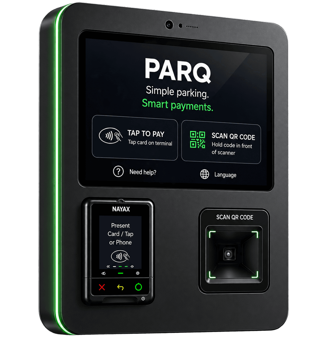 Terminal de pago inteligente PARQ con lector de tarjetas Nayax y escáner QR